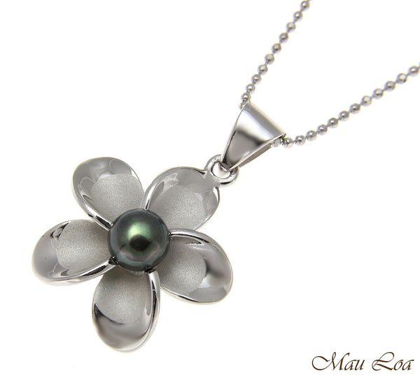 925 Silver Hawaiian Plumeria Flower Fresh Water Pearl Rhodium Pendant 12-32mm