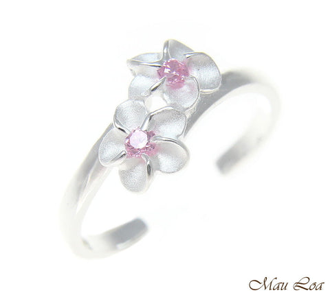 925 Sterling Silver Hawaiian Double Plumeria Flower Pink CZ Open Toe Ring