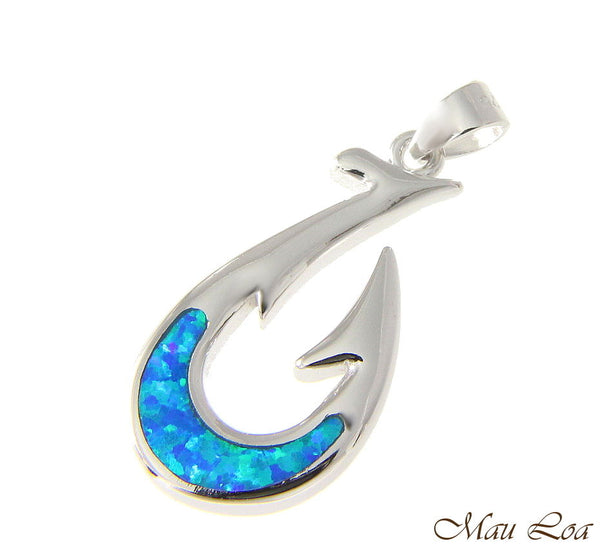 925 Sterling Silver Rhodium Hawaiian Blue Opal Fish Hook Pendant Charm