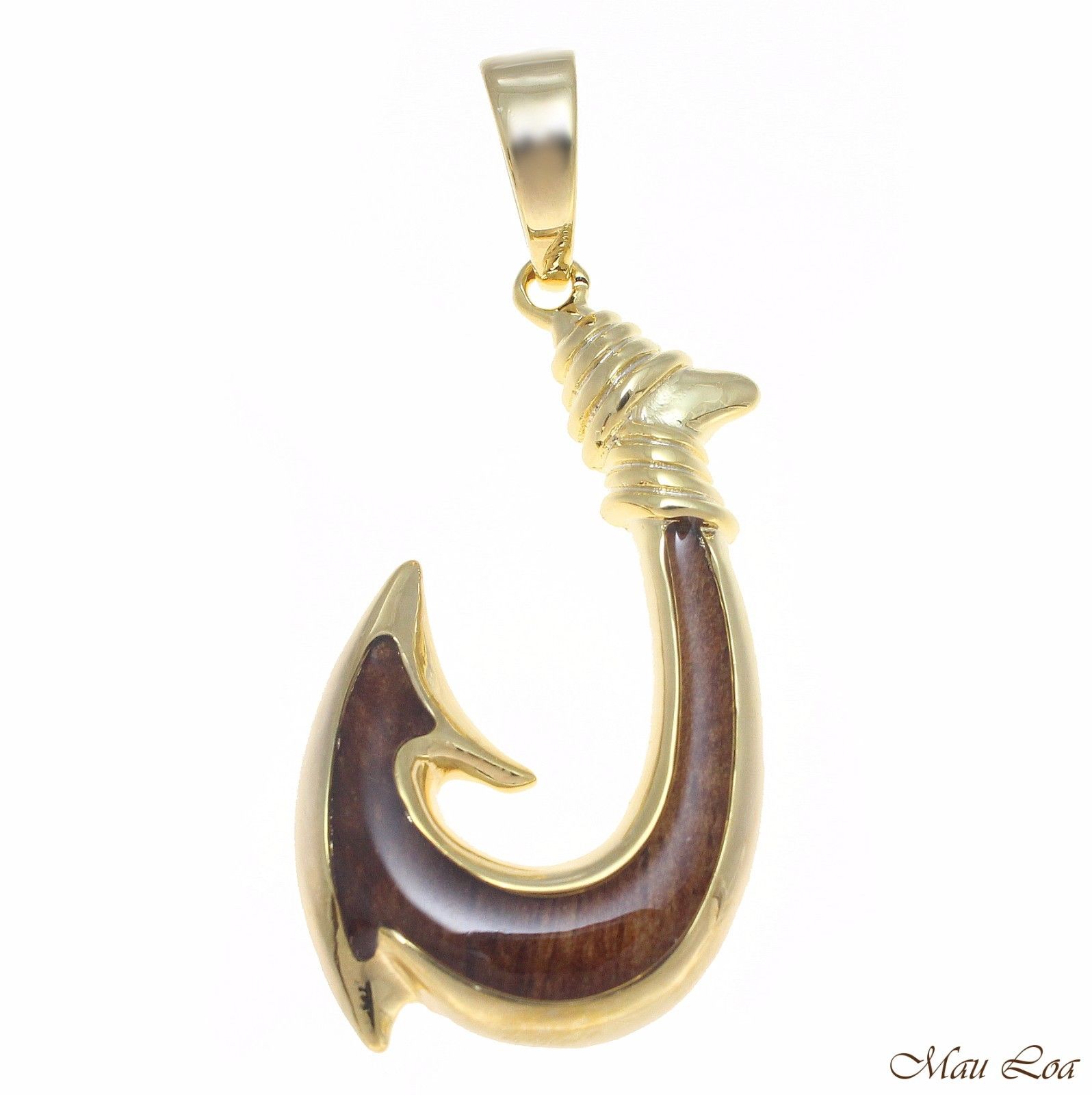 Koa Wood Hawaiian Wave Fish Hook Yellow Gold Plated Brass Reversible Pendant