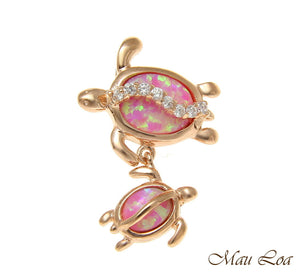 925 Silver Pink Rose Hawaiian Honu Turtle Family Mom Baby Opal CZ Slider Pendant