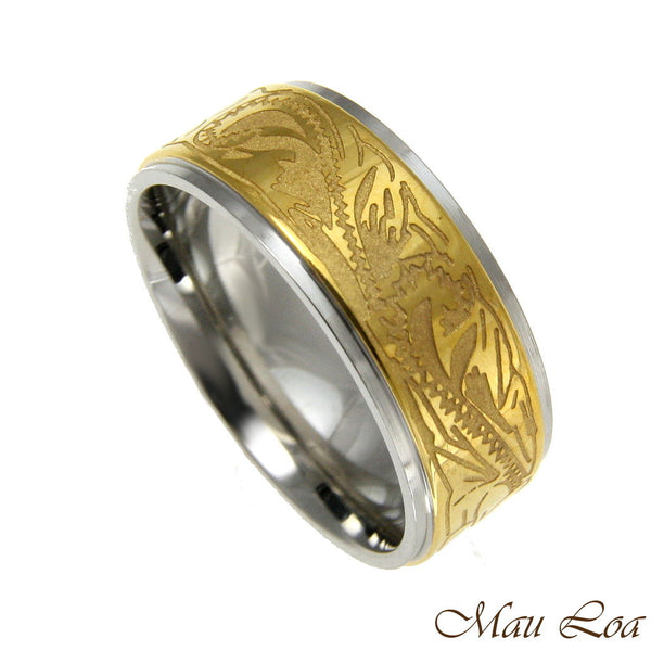 Stainless Steel Ring Band 8mm Yellow Gold Color Hawaiian Plumeria Scroll Sz5-13