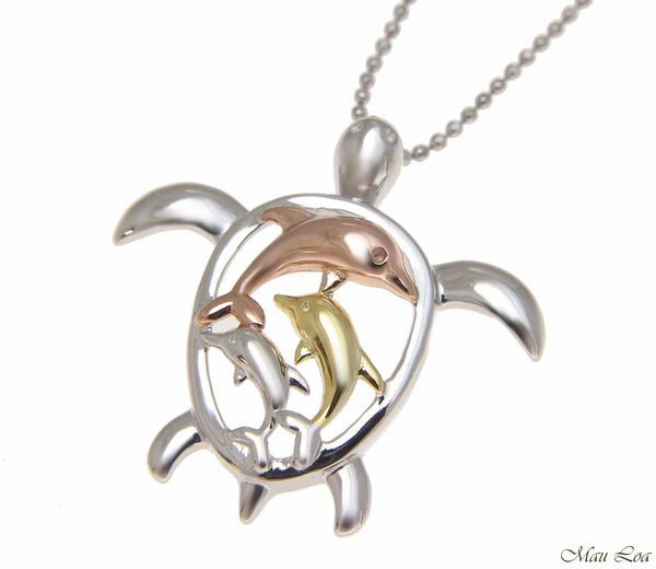 925 Sterling Silver Tricolor Hawaiian 3 Dolphin Sea Turtle Honu Slider Pendant