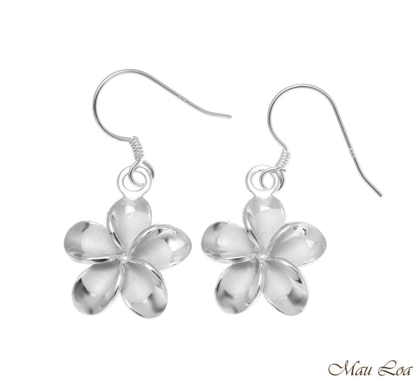 925 Silver Rhodium Hawaiian Plumeria Flower No CZ Stone Wire Hook Earrings
