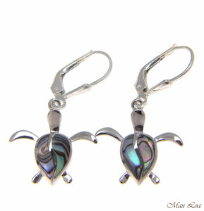 925 Sterling Silver Hawaiian Honu Turtle Abalone Shell Paua Leverback Earrings