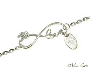 925 Silver Rhodium Hawaiian Plumeria Flower Infinity Love Joy Chain Anklet 9"+