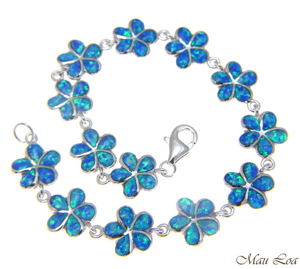 925 Sterling Silver Rhodium Hawaiian 11mm Plumeria Flower Opal Bracelet 7.5"