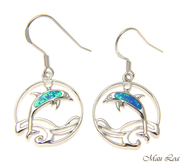 925 Sterling Silver Rhodium Hawaiian Circle Wave Dolphin Opal Hook Wire Earrings