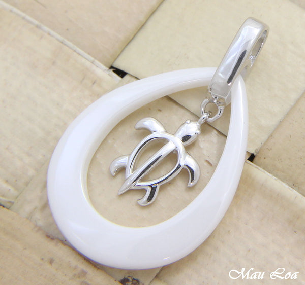 925 Silver Rhodium Hawaiian Honu Sea Turtle White Ceramic Tear Drop Pendant