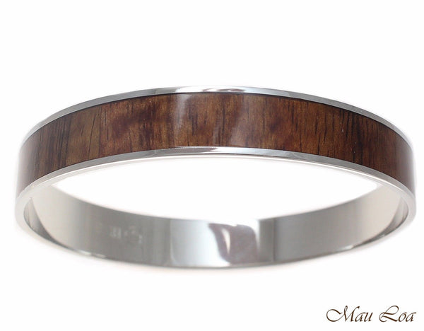 12mm Hawaiian Koa Wood Rhodium Plated on Brass Bangle Bracelet Size 7 - 9