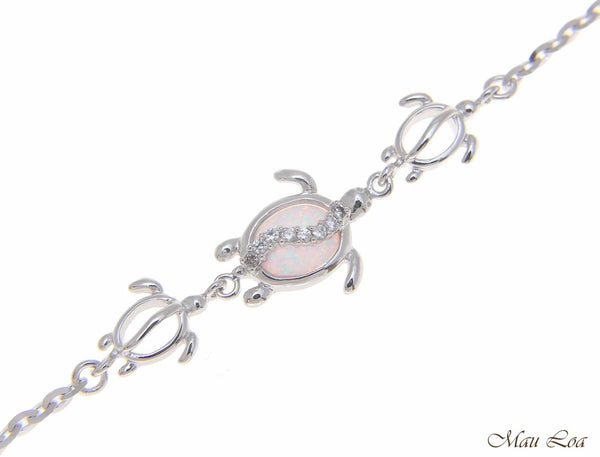 925 Silver Rhodium Hawaiian Honu Turtle CZ White Opal Link Chain Bracelet 7"+