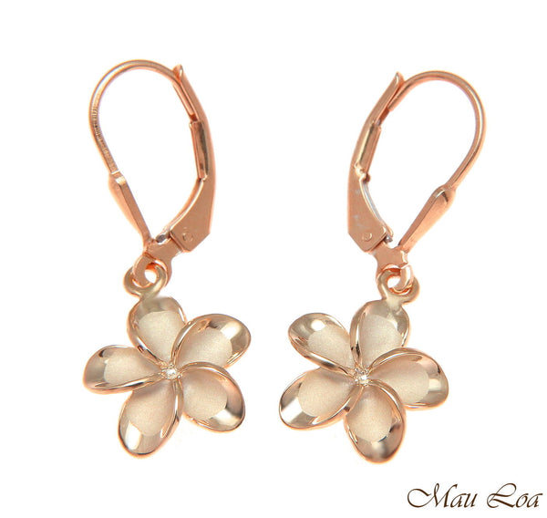 925 Silver Rose Gold Hawaiian Plumeria Flower No CZ Stone Leverback Earrings