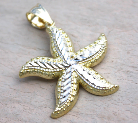 14K Yellow White Gold 2 Tone Hawaiian Jewelry Sea life Star Fish 25mm Pendant