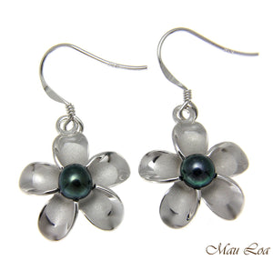 925 Silver Hawaiian Plumeria Flower Fresh Water Pearl Wire Hook Rhodium Earrings