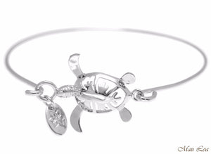 Rhodium Plated Brass Hawaiian Hibiscus Flower Honu Turtle Open Bangle Bracelet