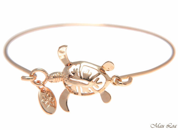 Pink Rose Gold Brass Hawaiian Hibiscus Flower Honu Turtle Open Bangle Bracelet