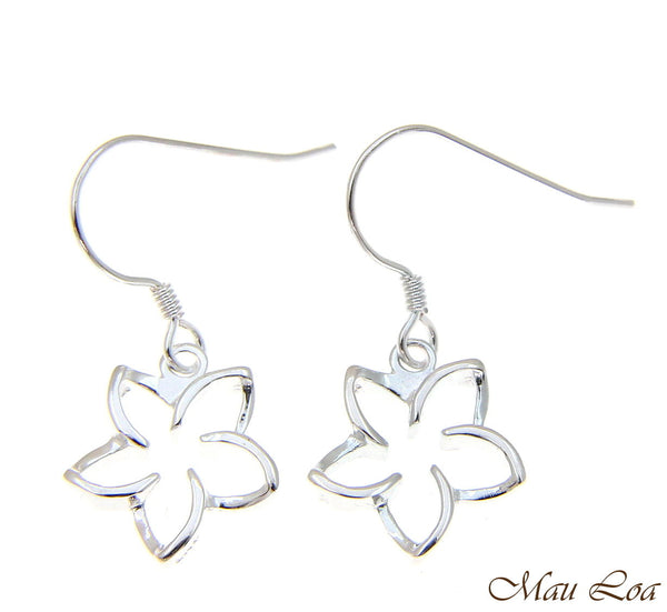 925 Sterling Silver Hawaiian Floating Outline Plumeria Flower Hook Wire Earrings