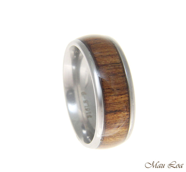 Stainless Steel Wedding Band 8mm Hawaiian Koa Wood Comfort Fit Ring Size 6-13
