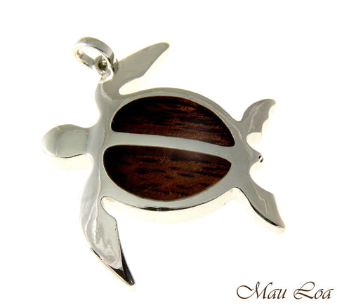 Koa Wood Hawaiian Honu Sea Turtle Rhodium Silver Plated Brass Pendant