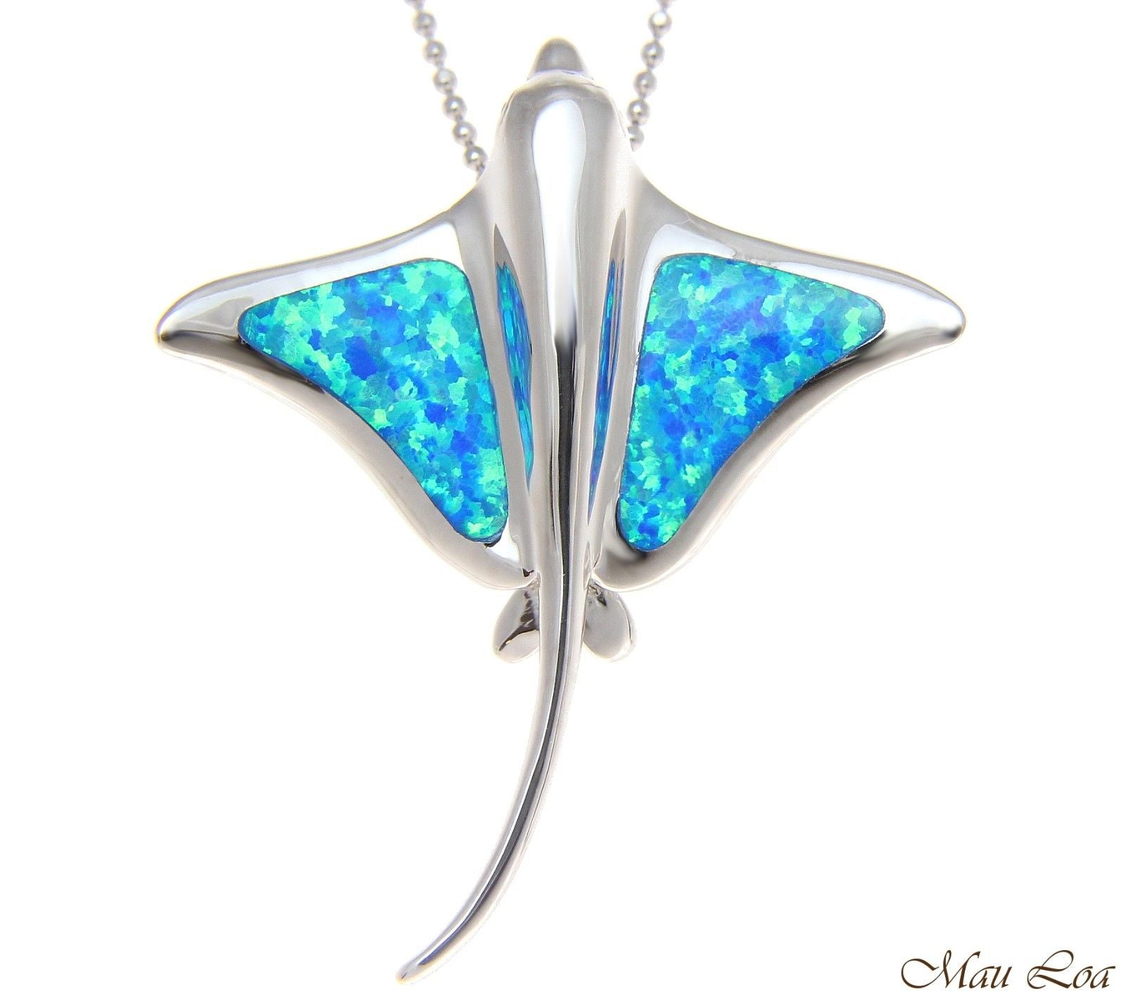 925 Sterling Silver Rhodium Hawaiian Stingray Fish Blue Opal Slider Pendant