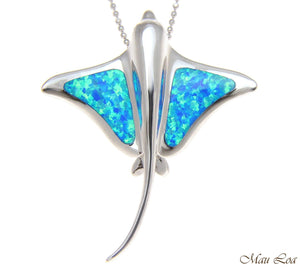 925 Sterling Silver Rhodium Hawaiian Stingray Fish Blue Opal Slider Pendant