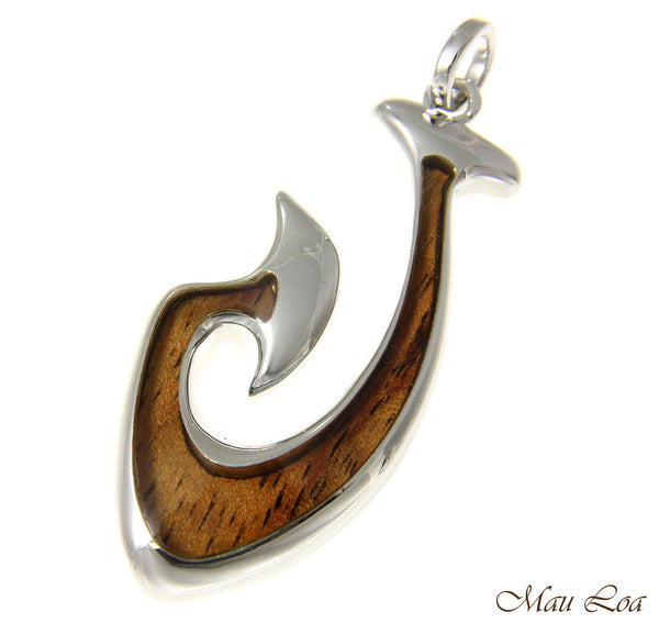Koa Wood Hawaiian Wave Fish Hook Rhodium Silver Plated Brass Reversible Pendant