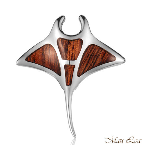 Koa Wood Hawaiian 925 Sterling Silver Rhodium Large Manta Ray Slider Pendant