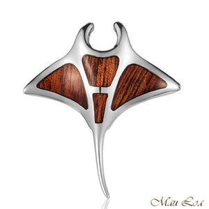 Koa Wood Hawaiian 925 Sterling Silver Rhodium Large Manta Ray Slider Pendant