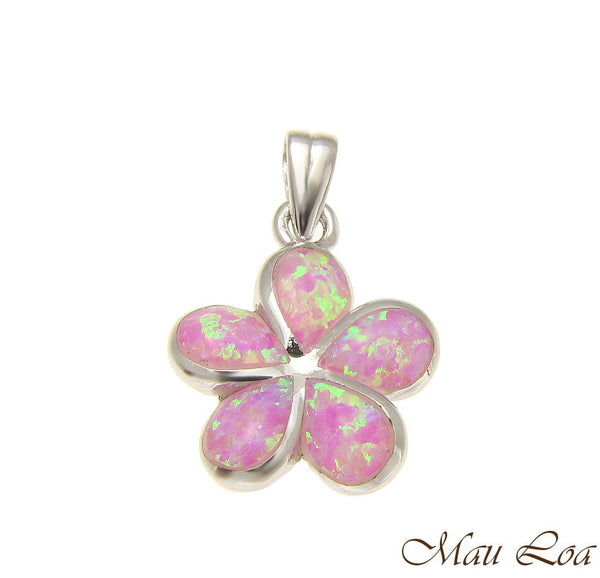 925 Sterling Silver Rhodium Pink Opal Hawaiian Plumeria Flower Pendant 12-30mm