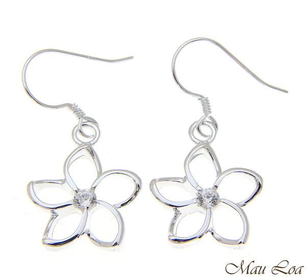 925 Silver Hawaiian Floating Outline CZ Plumeria Flower Hook Wire Earrings