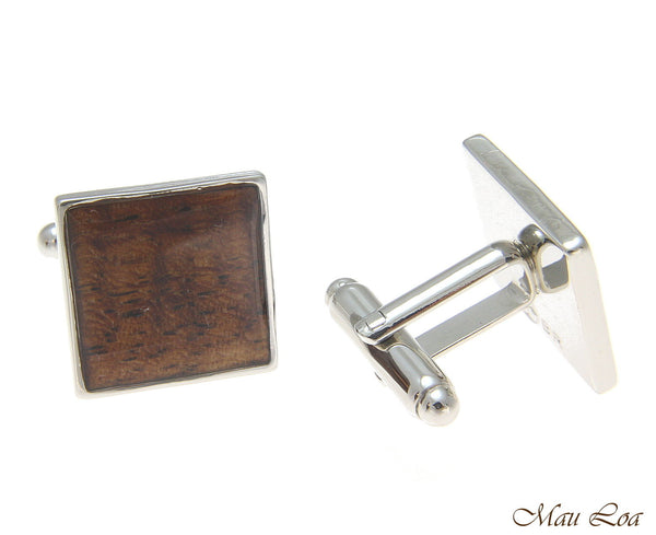 Koa Wood Hawaiian Rhodium Silver Plated Brass 16mm Square Shape Cufflink