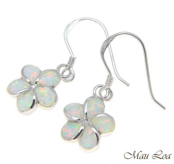925 Silver Rhodium Hawaiian Plumeria Flower White Opal Wire Hook Earrings 8-15mm