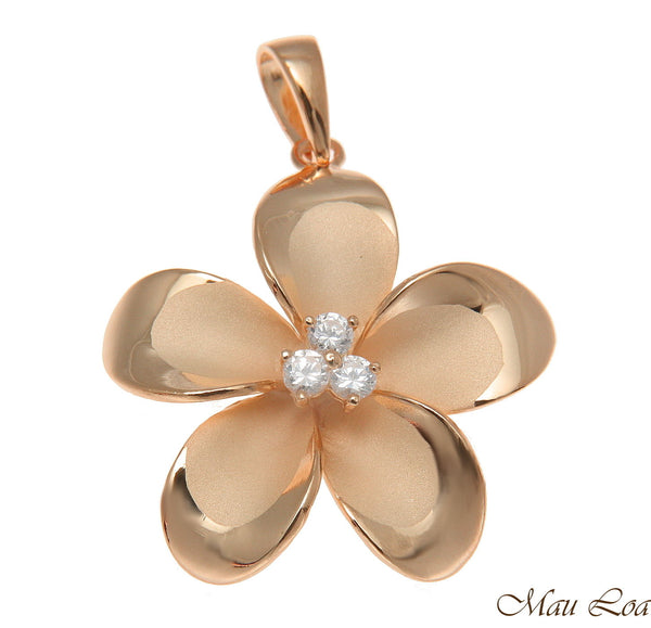 925 Sterling Silver Pink Rose Gold Hawaiian Plumeria Flower 3 CZ Pendant 12-30mm