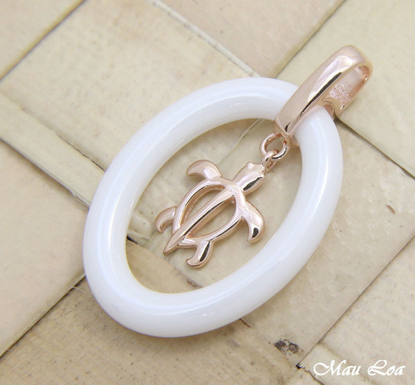 925 Silver Pink Rose Gold Hawaiian Honu Sea Turtle White Ceramic Oval Pendant