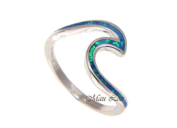 925 Sterling Silver Hawaiian Ocean Wave Shape Blue Opal Ring Size 5-10