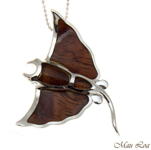 Koa Wood Hawaiian Manta Ray Fish Rhodium Silver Plated Brass Slide Pendant