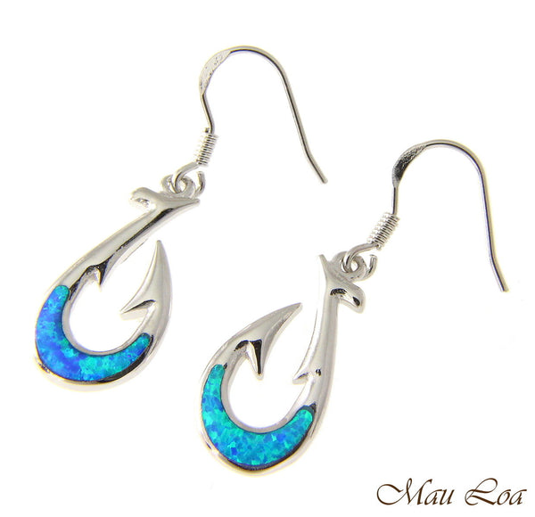 925 Sterling Silver Rhodium Hawaiian Fish Hook Blue Opal Hook Wire Earrings