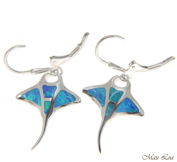 925 Sterling Silver Rhodium Hawaiian Manta Ray Fish Blue Opal Leverback Earrings