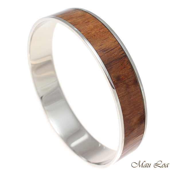 12mm Hawaiian Koa Wood Rhodium Plated on Brass Bangle Bracelet Size 7 - 9