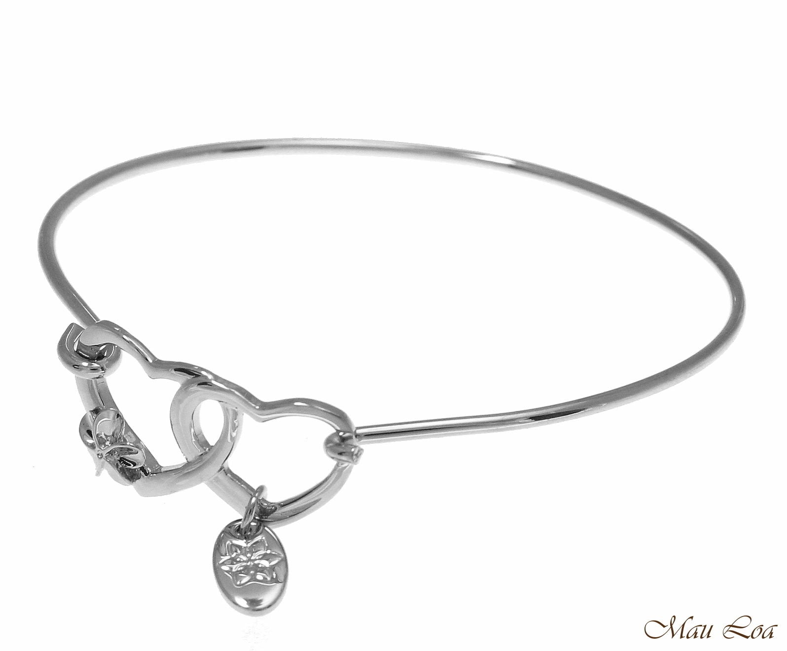 Rhodium Plated on Brass Hawaiian Plumeria Flower Heart Open Bangle Bracelet