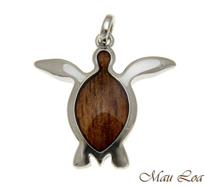 Koa Wood Hawaiian Honu Sea Turtle Rhodium Silver Plated Brass Pendant