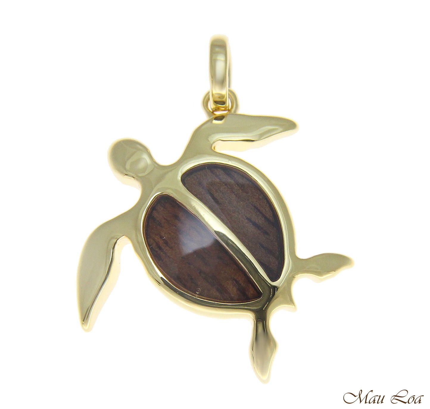 Koa Wood Hawaiian Honu Sea Turtle Yellow Gold Plated Brass Pendant
