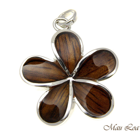 Koa Wood Hawaiian 28mm Plumeria Flower Rhodium Silver Plated Brass Pendant