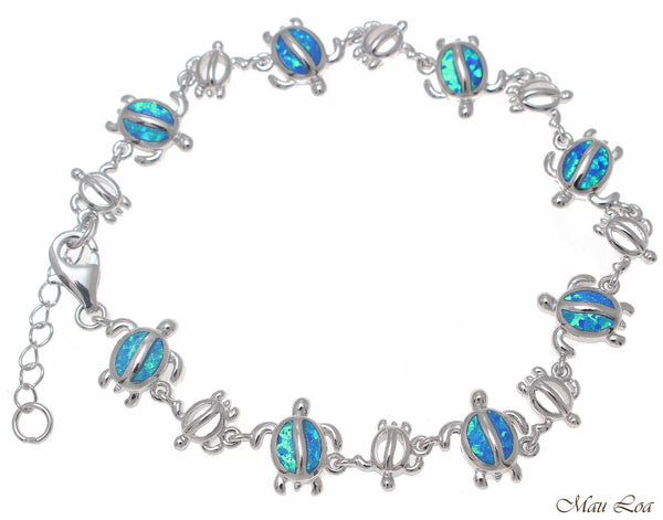 925 Sterling Silver Rhodium Hawaiian Sea Turtle Honu Blue Opal Bracelet 7"+