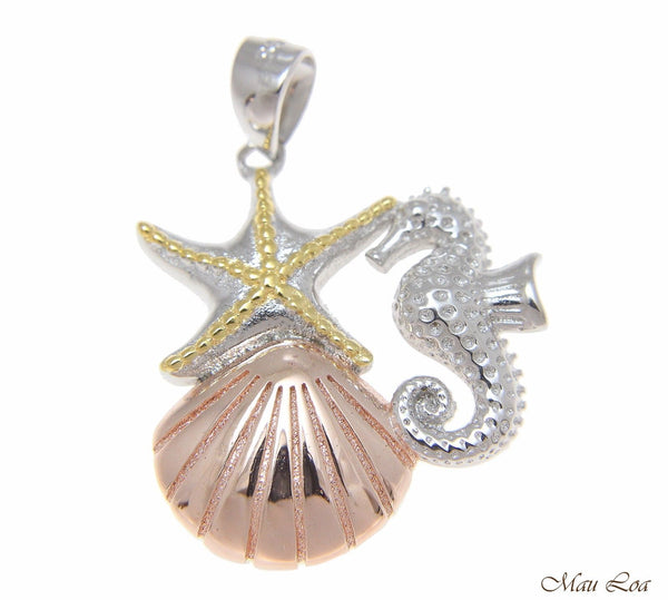 925 Silver Tricolor Hawaiian Sealife Starfish Seahorse Sunrise Shell Pendant
