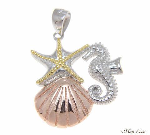 925 Silver Tricolor Hawaiian Sealife Starfish Seahorse Sunrise Shell Pendant