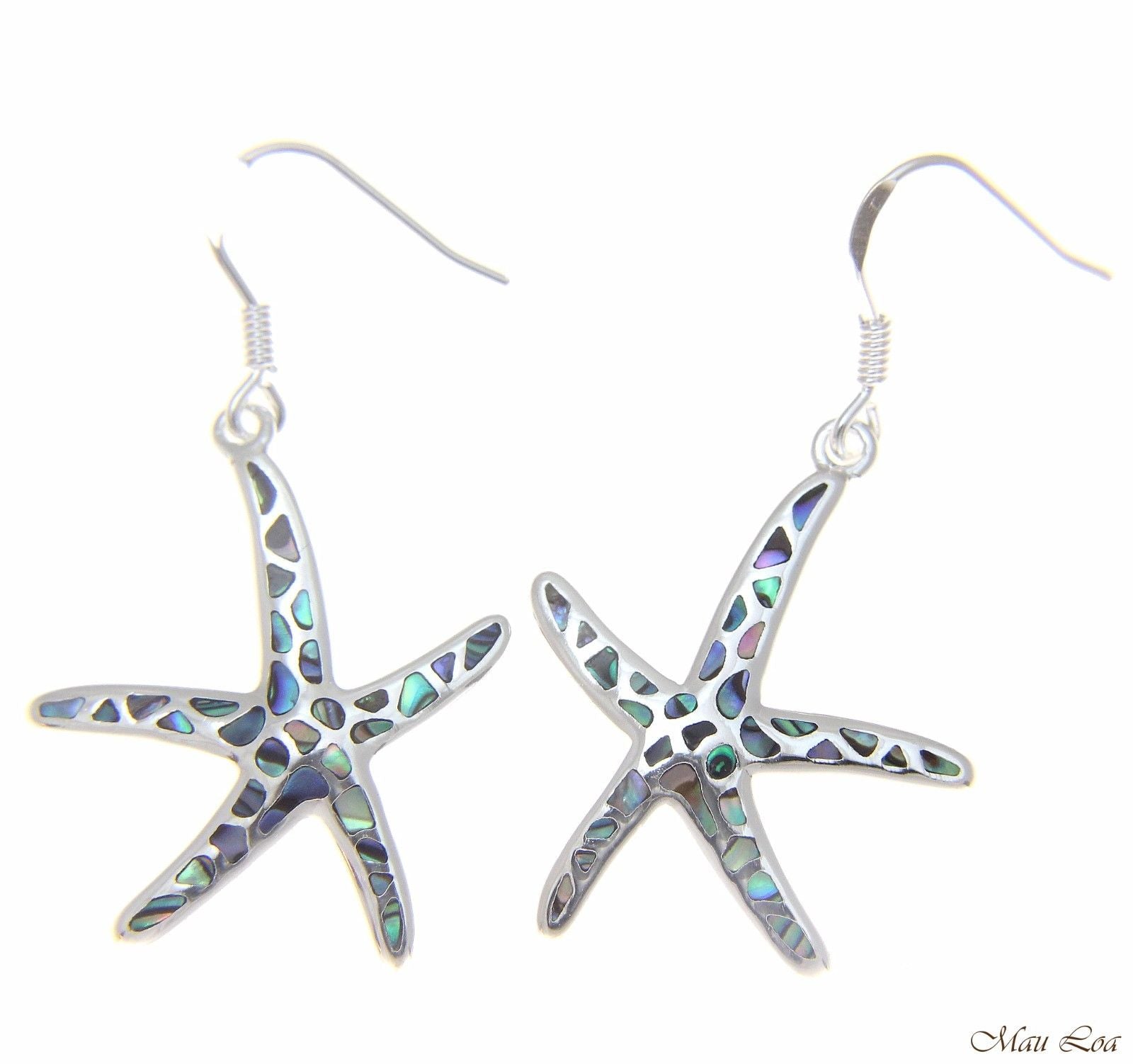 925 Sterling Silver Hawaiian Starfish Sea Star Abalone Shell Paua Hook Earrings