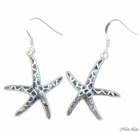 925 Sterling Silver Hawaiian Starfish Sea Star Abalone Shell Paua Hook Earrings