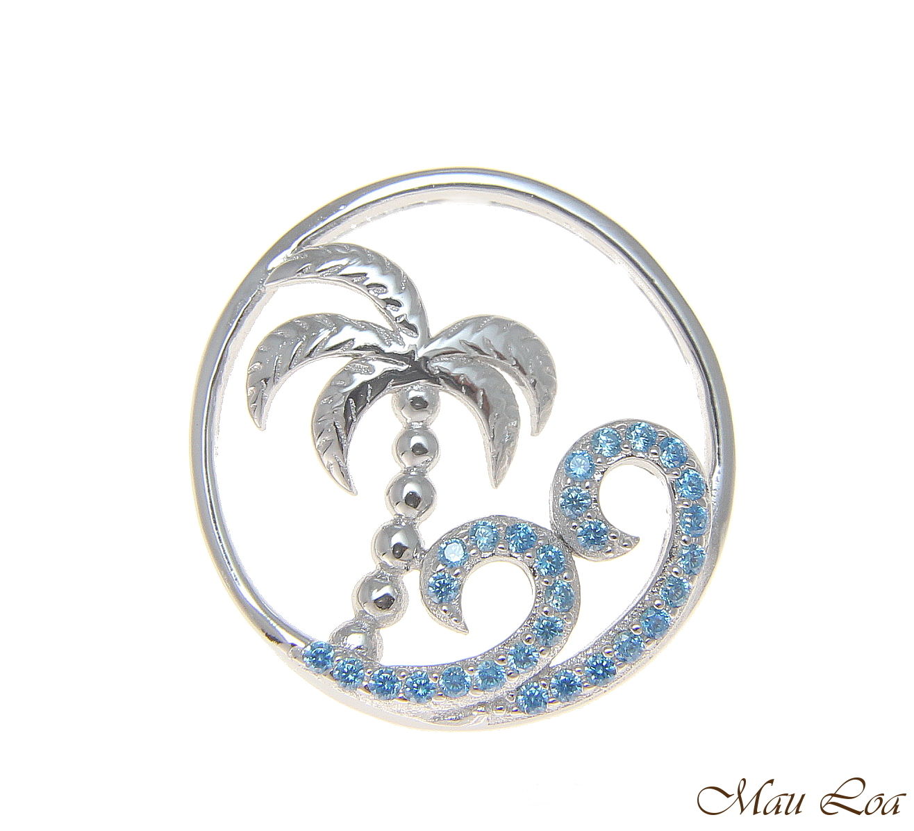925 Silver Hawaiian Palm Tree Genuine Blue Topaz Ocean Wave Pendant