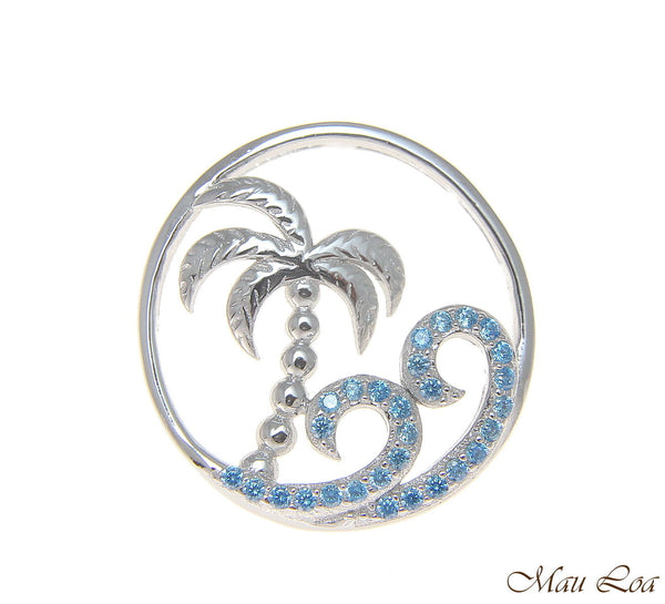 925 Silver Hawaiian Palm Tree Genuine Blue Topaz Ocean Wave Pendant